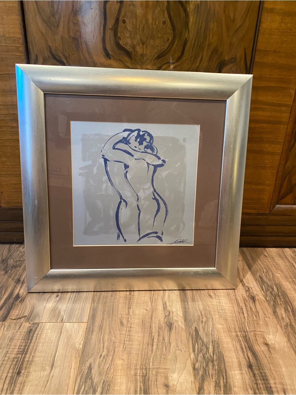 Silver Framed Blue Line Figure Art with Taupe Mat